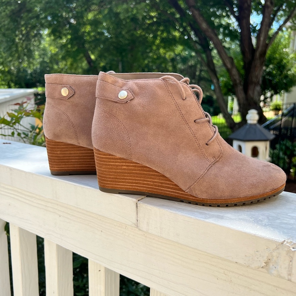 Brown suede wedge booties